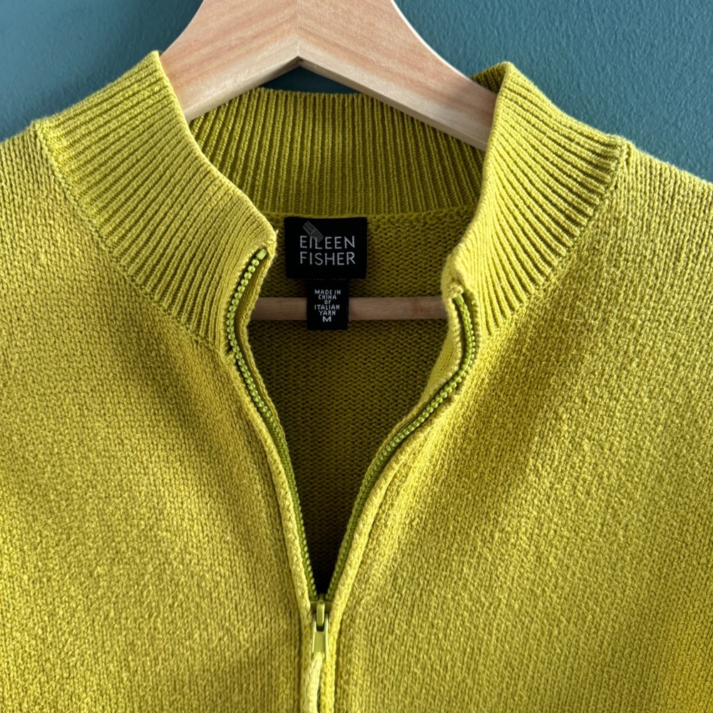 EILEEN FISHER zip front cardigan sweater citrine yellow knit cardi zipper M - Picture 2 of 10